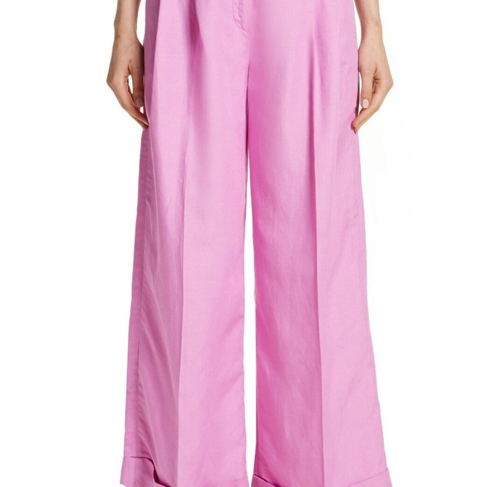 REJINA PYO Taffy Candy Pink Gold Linen Blend Wide Leg Crop Ankle Pants UK 6 US 2